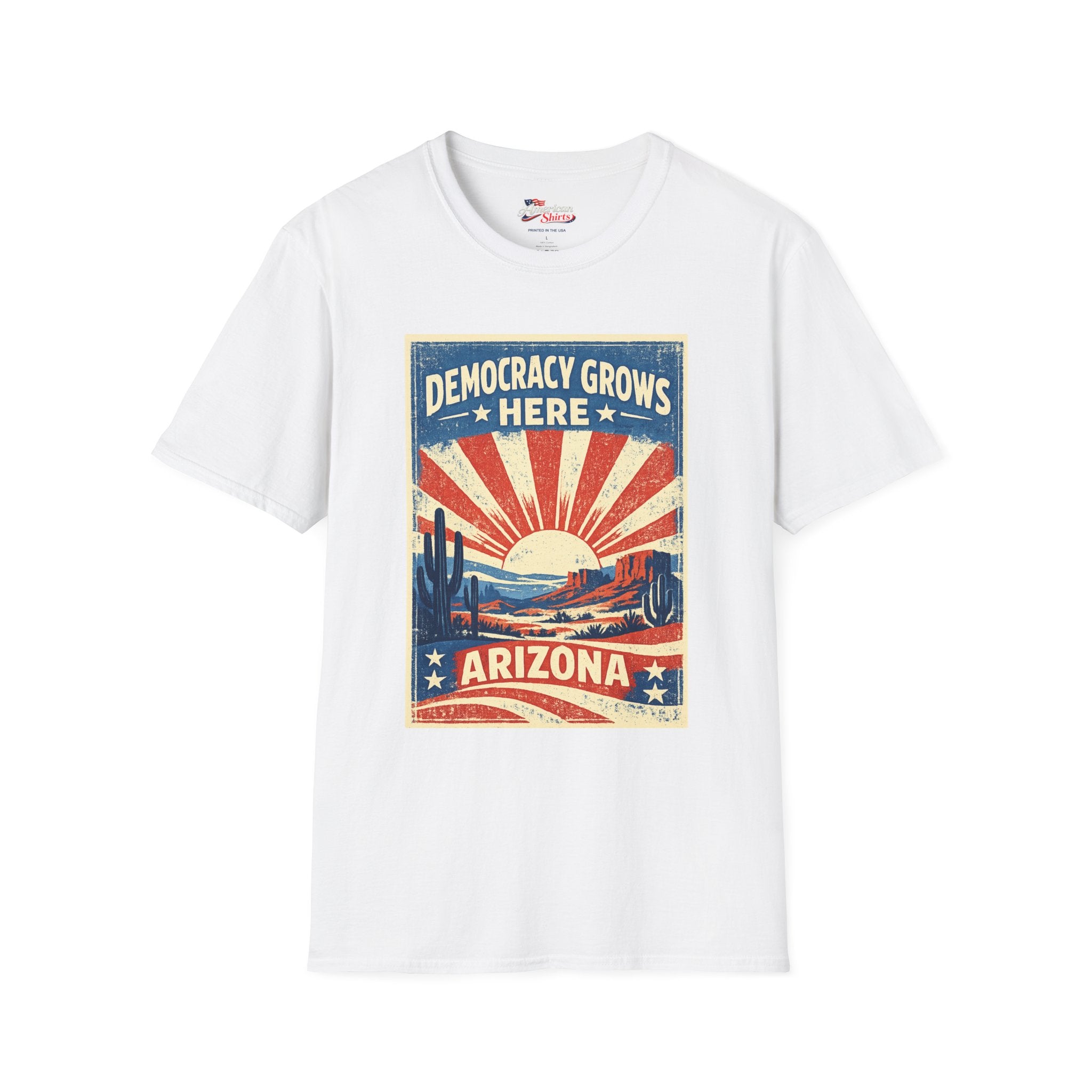 Arizona Democracy Grows Here  Unisex Softstyle T-Shirt Blue 2026