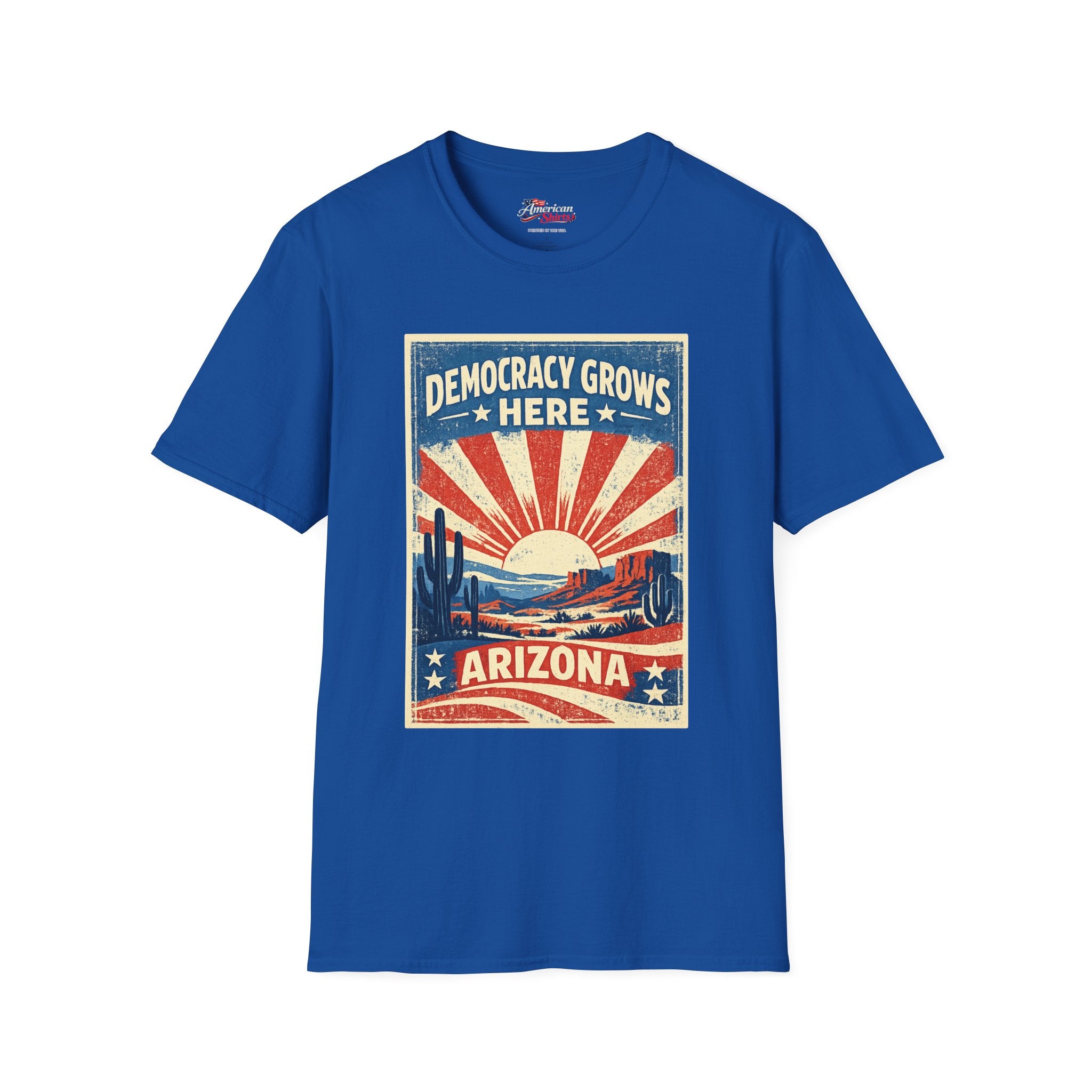 Arizona Democracy Grows Here  Unisex Softstyle T-Shirt Blue 2026